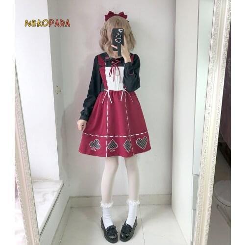 Crazy Alice Womens Patchwork Lolita OP Dress Fake 2pieces Spring Long Sleeve Bows Cute Dress One Piece