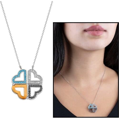 Tesbihane Colorful Zircon Stone Two-Use Three Heart 925 Sterling Silver Ladies Necklaces