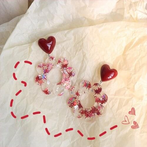 Japanese spring and summer flower and maple leaf red earrings shiny stars French retro girly style acrylic earrings