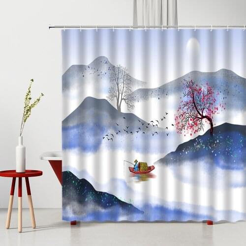 Chinese Style Fog View Shower Curtains Mountain Water Ink Painting Flower Landscape Printed Polyester Home Decor Bathroom Screen