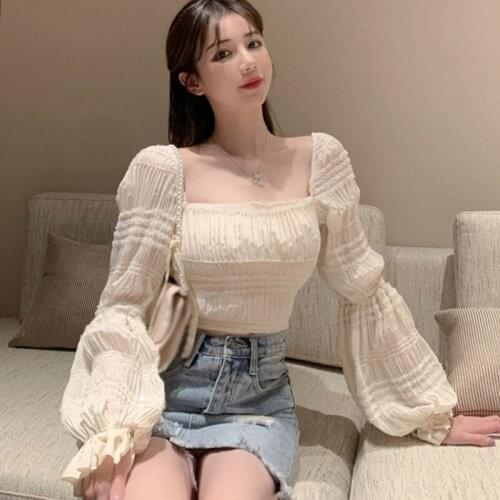 Autumn Womens Square Collar Long-sleeved Chiffon Shirt Slim Strapless Sexy Short Blouses Top