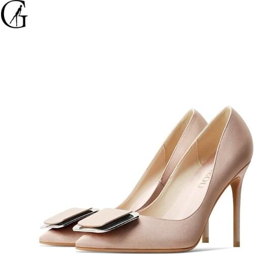 GOXEOU Womens Pumps Satin 4 Colors Square Buckle Pointed Toe High Heels Wedding Party Office Fashion Lady Shoes Size 32-46