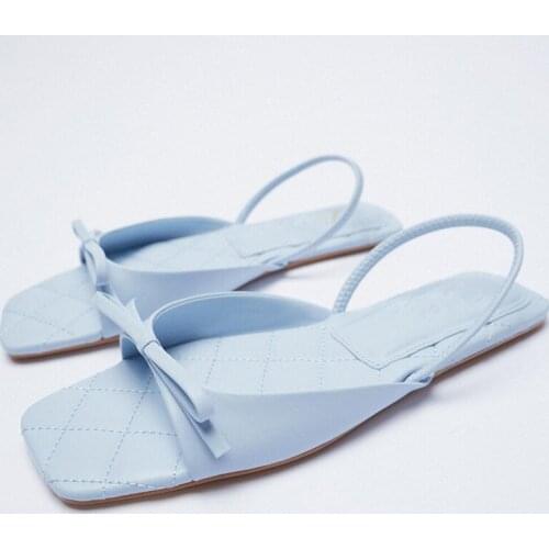 ZAR Brand Slippers Women Summer Luxury 2021 New Fashion Square Toe Bow Flat-Heeled Beach Sandals Plus Size 41 Chaussure Femme