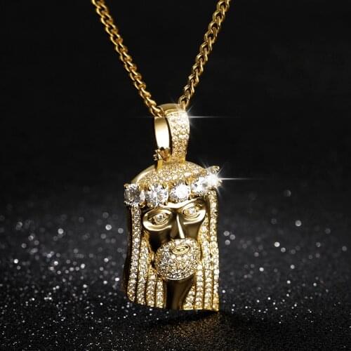 Gold Jesus Christ Head Chain Stainless Steel Religious Classic Crown Jewel Cube Crystal Necklace Hip Hop Christ Pendant Ornament