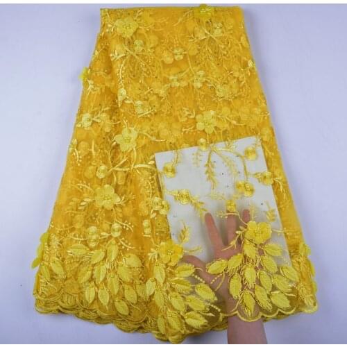 2019 Latest Gold African Lace Fabric 3D Lace Fabric With Beads And Stones Embroidered French Tulle Lace Fabric For Dresses S1428