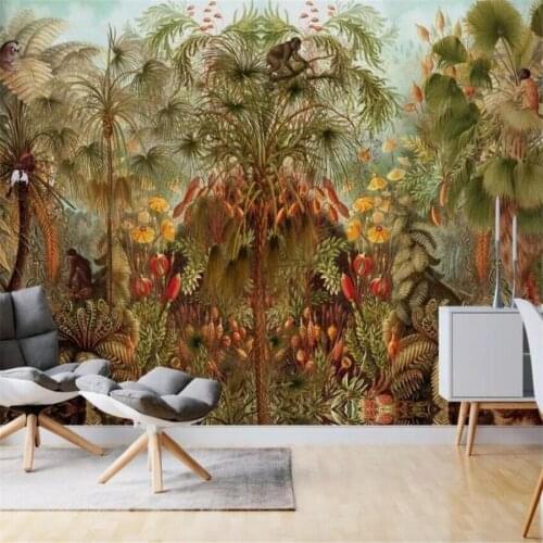 Milofi custom 3D wallpaper tropical rain forest palm tree monkey natural landscape mural wallpaper living room TV background hom