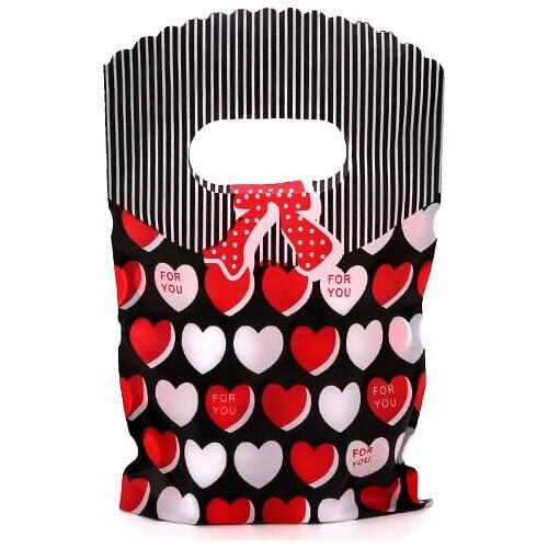 9x15cm 50pcs/lot Red White Heart Bow Printed Gifts Candy Soap Packaging Bags with Handle Mini Handmade Plastic Jewelry Pouches