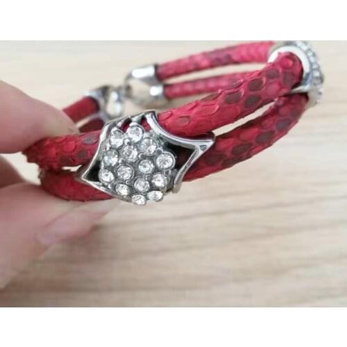 BC Fashion Mens Red Python Leather Bracelets Bangle with Silver Stainless Steel Clasp White CZ Leather Jewelry for Gift