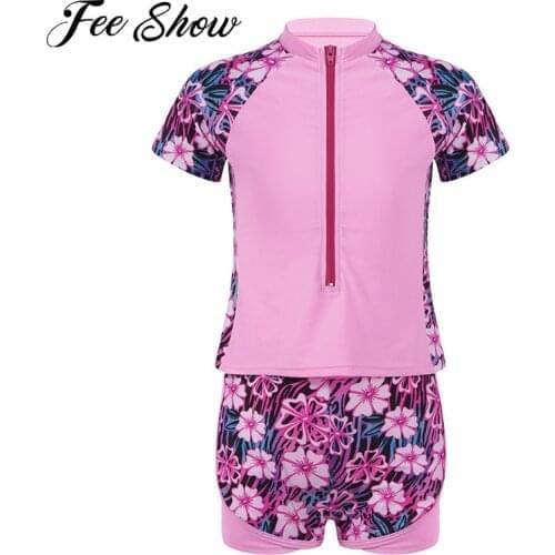 Kids Girls Swimming Suits Swimwear 2Pcs Rashguard Set Short Sleeve Front Zipper Swimming Tops and Shorts Bathing Suit Beachwear