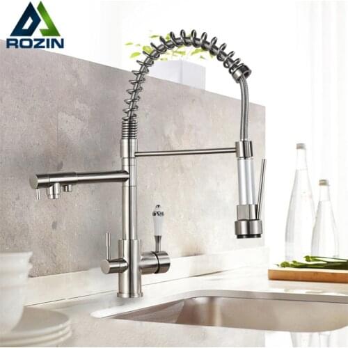 Brushed Nickel Kitchen Faucet Filter Purification water Kitchen Faucets Dual Spout Spring Pull Down Hot Cold Water Mixer Tap