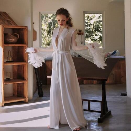 Women Long Bride Sleepwear Robe Soft V Neck Mesh Feather Cuffs Embroidery Imitated Silk Night Robe for Bedroom Homewear