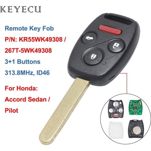Keyecu 3+1 Buttons 313.8MHz Uncut Blade Remote Key ID46 Chip for Honda/Accord Pilot 2010 2011 2012 2013 2014 2015 KR55WK49308