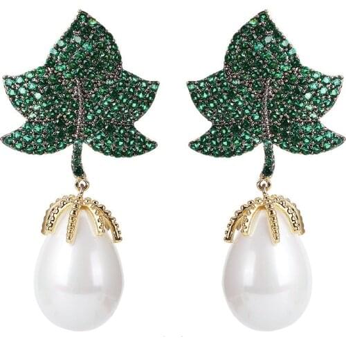 SINZRY hotsale gorgeous simulated pearl cubic zircon leaf vintage dangle earrings Korean stylish jewelry for women