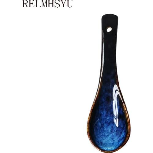 RELMHSYU Japanese Style Deep Blue Kiln Change Rice Soup Spoon Underglaze Dessert Dinner Spoon Restaurant Tableware
