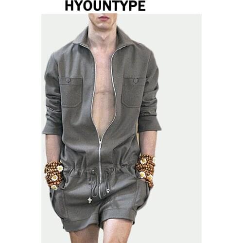 Fashion Zipper Men Rompers New Summer Long Sleeve Drawstring Jumpsuit Cargo Pockets Tops Trousers Black One-piece Suits Overalls