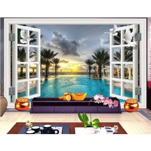 3d wallpaper custom mural non-woven wall sticker Swimming pool coconut trees window painting photo 3d wall murals wallpaper