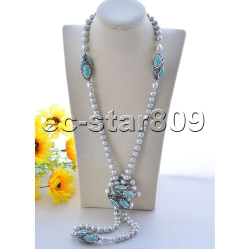 P7413 33"-100" Gray Round Freshwater Pearl Turquoise Shuttle CZ Necklace Choker