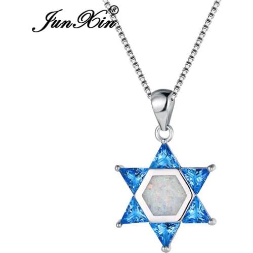 JUNXIN Blue White Fire Opal Hexagram Cross Pendant Necklaces For Women White Gold Filled Triangle Red Zircon Purple Necklace