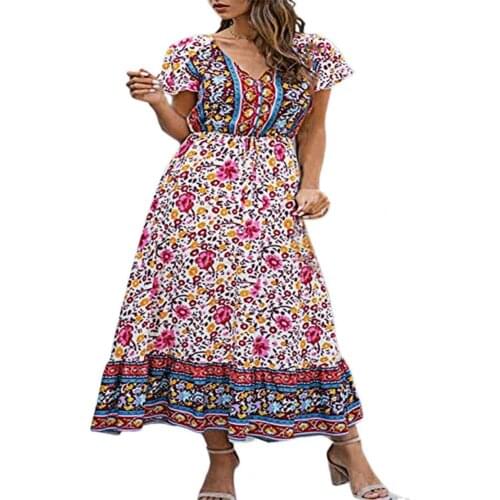 Fashion Boho Long Dress for Women V Neck Short Sleeve Paisley Floral Print Ruffle Large Hem Beach Dress for Female Lady Vestido