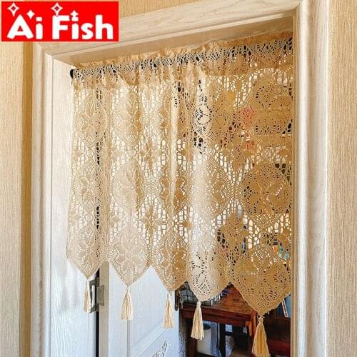 Retro Cotton Thread Handmade Tassel Crochet Door Kitchen Curtain Drapes American Rod Half Valance Bedroom Short Curtains #35