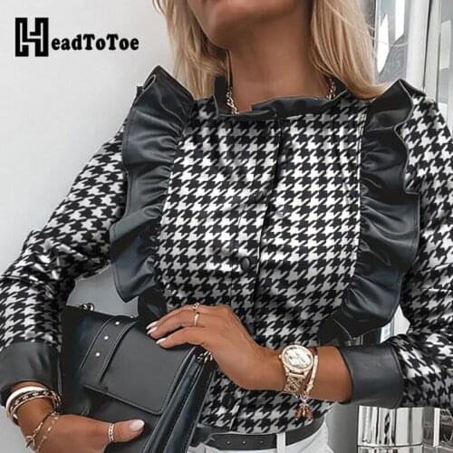 Houndstooth Ruffles Trim Button Design Shirt Workwear Women Long Sleeve Casual Elegant Blouse Shirt Tops