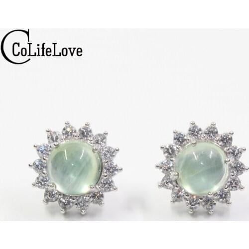 Classic silver prehnite stud earrings 8mm round flawless natural prehnite silver earrings solid 925 silver prehnite earrings