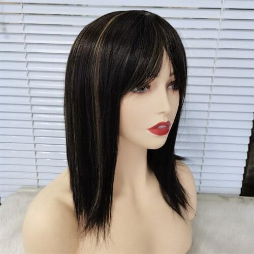 Mix Brown Colored Straight Short Bob Synthetic Full Machine Made Wig Free Part with Bangs Natural Hairline Daily Use For Women