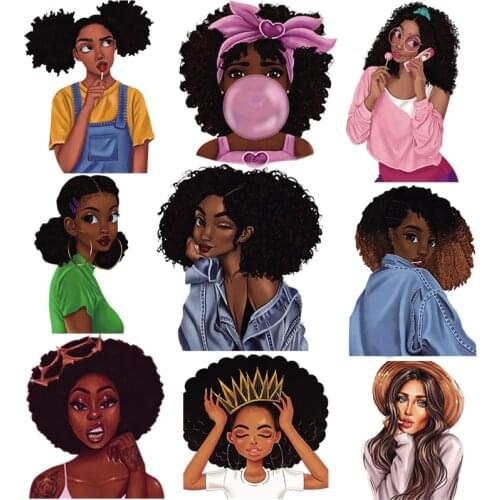 Beauty African Girl Patches DIY Thermal Transfers Stickers On Clothes Socks Hats A-level Washable Girl Iron-on Patches Stickers