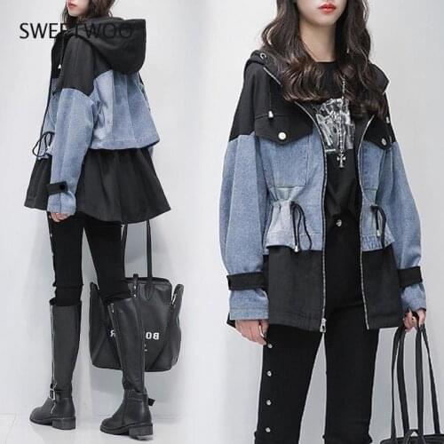 Windbreaker Womens Long Autumn 2021 New Korean Loose Stitching Small Denim Jacket Sexy Women Jackets V-Neck Regular Solid