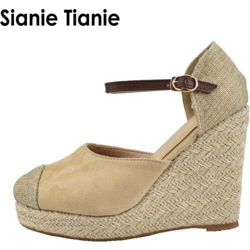 Sianie Tianie Espadrille Sandals Women Platform Wedges Shoes Bohemia Ankle Strap High Heels Sandals Two Piece Shoes Big Size 43