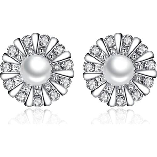 100% 925 sterling silver sunflower crystal pearl stud earrings for women wholesale jewelry birthday gift drop shipping