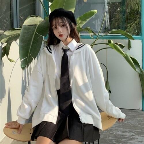 Japanese Sweety Soft Girly Autumn New Coat Kawaii College Style Sailor Collar Zipper Cardigan Full Sleeve Loose Solid Color Coat