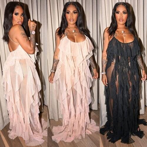 Cutubly Dress Plus Size Dress Spring Spaghetti Maxi Dress Women Sexy Mesh Party Strap Sleeveless Backless Sexy Dresses 2021 New