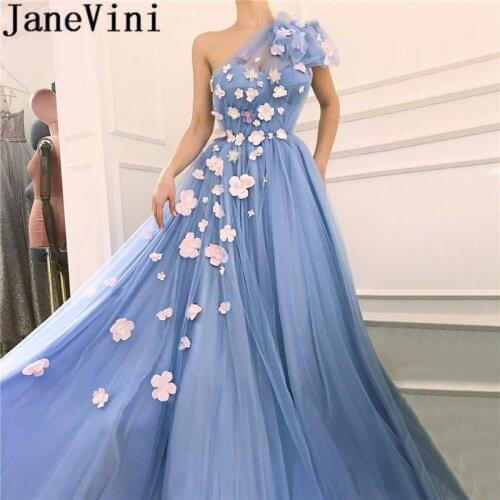 JaneVini Dubai Designer Women Prom Dresses 2019 Long One Shoulder Sexy Beach Party Gowns Flowers Blue Evening Dress Robes De Bal