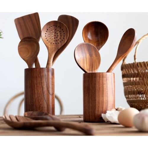 1/7pcs Teak Natural Wood Tableware Spoon Ladle Turner Rice Colander Skimmer Soup Cooking Scoop Spoon Reusable Kitchen Tools