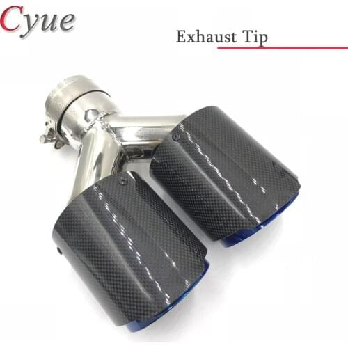 1Piece Glossy Carbon Fiber Round Exhaust Pipe Dual Exhaust Muffler Tip Tail Pipes Universal Straight Blue Stainless Steel