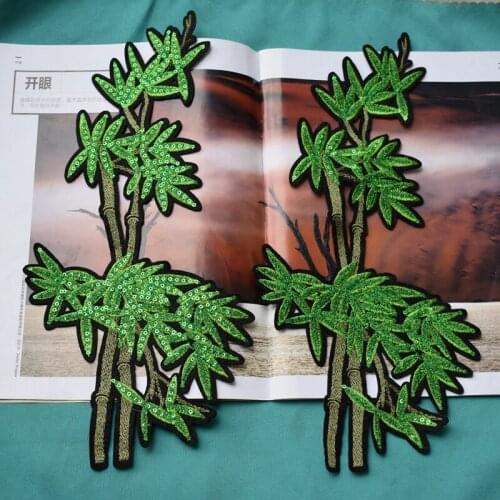 1piece Green Bamboo Lace Sequined Embroidery Patches Sew On Cloth Patches Motifs Applique Sewing Accessories