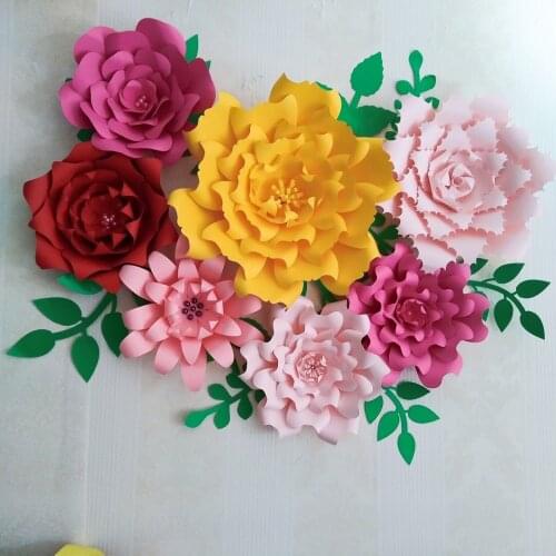 2018 Paper Flower Backdrop Giant Paper Flowers 7PCS + Leaves 10pcs Mix Colors & Styles Wedding Centerpiece Baby Nursery