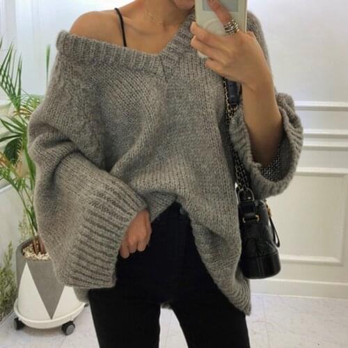 2021 Fashion V-neck Sweater Woman Pullover Loose Casual Full Sleeve Knitted Jumper Female Autumn Winter Knitwear