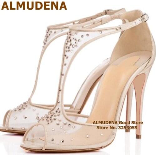 ALMUDENA Top Brand Nude Black Mesh Crystal Wedding Shoes Bling Bling Rhinestone Stiletto Heels T-strap Banquet Shoes Women