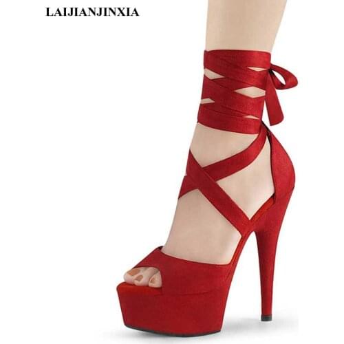 Sexy Fetish Flock Platform Sandals Ankle Strap Pole Dance Shoes 15 CM High Stripper Heels Gladiator Elegant Nightclub Sandals