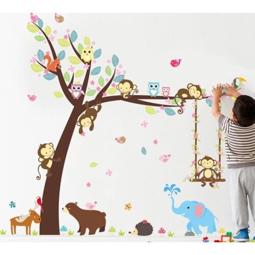 Forest Animals Tree Kids Stickers Children DIY Bedroom Decoration Bear Monkey Wild Jungle Kids Decal Wall Decals Nursery Decor