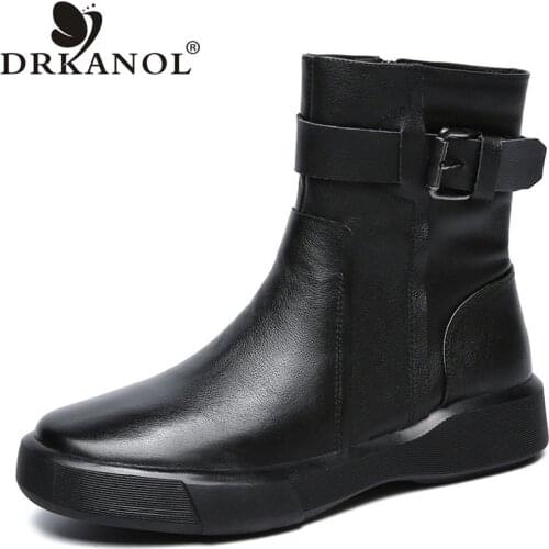 DRKANOL Fashion Genuine Leather Flat Boots Women 2021 New Autumn Winter Plush Warm Ankle Boots Ladies Side Zipper Short Boots