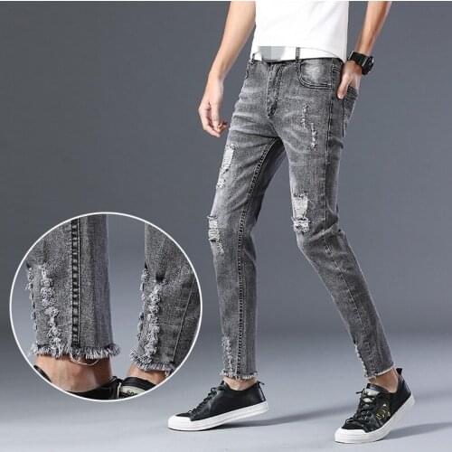 Summer 2021 Ankle-Length Jeans Men Fashion Slim Frayed Denim Pencil Pants High Street Washed Light Gray Casual Zipper Jeans