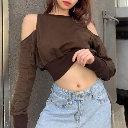 Cotton sweatshirt casual women sweatshirt loose solid cropped sweatshirt women off shoulder top long sleeve streetwear 2020
