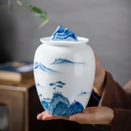 Chinese Hand-painted Tea Cans Sealed Cans Household Blue and White Porcelain Storage Jars Ceramic Dried Fruit Storage Bottles