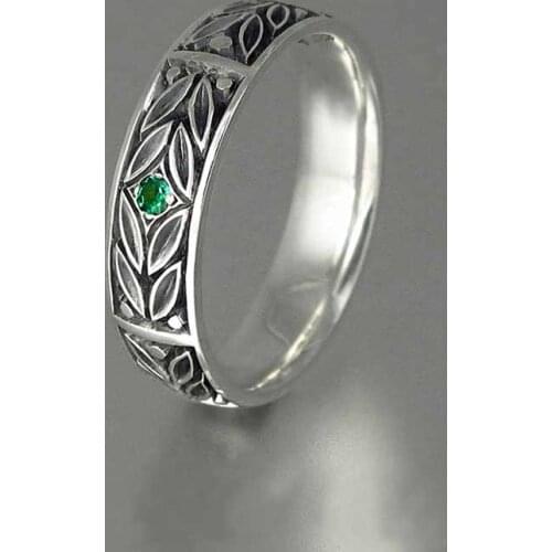 Huitan Retro Anniversary Gift Ring For Women With Vintage Leaves Engraved With One Tiny Green Cubic Zircon Stone Finger Rings