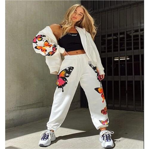 2 piece Set Women Tracksuit Butterfly Printed Sport Set Female Clothes Zipper Up Hooded Coats Pants 2020 Fashion Streetwear