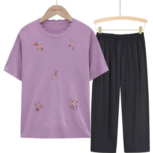 Embroidered Flower Short-Sleeve Summer Woman Top Brief Outfit Lounge Set Of Two Fashion Pieces Comfortable Home Trouser Suits