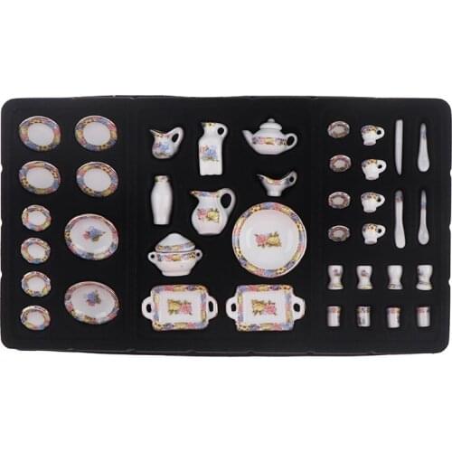 40Pcs 1:12 Dollhouse Miniature Tableware Porcelain Ceramic Tea Cup Dishes Set